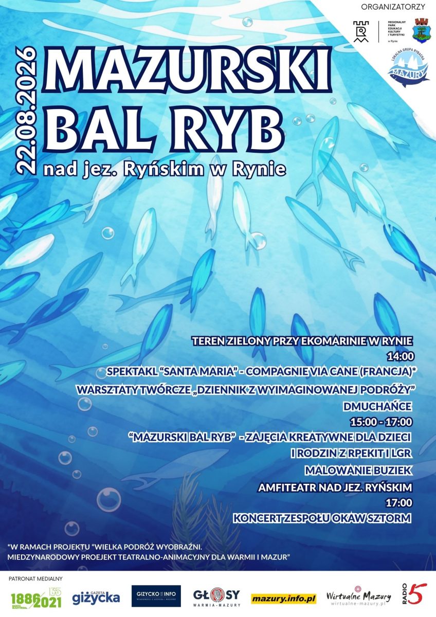 Plakat zapraszający w sobotę 22 sierpnia 2026 r. do Rynu na Mazurski Bal Ryb Ryn 2026. 