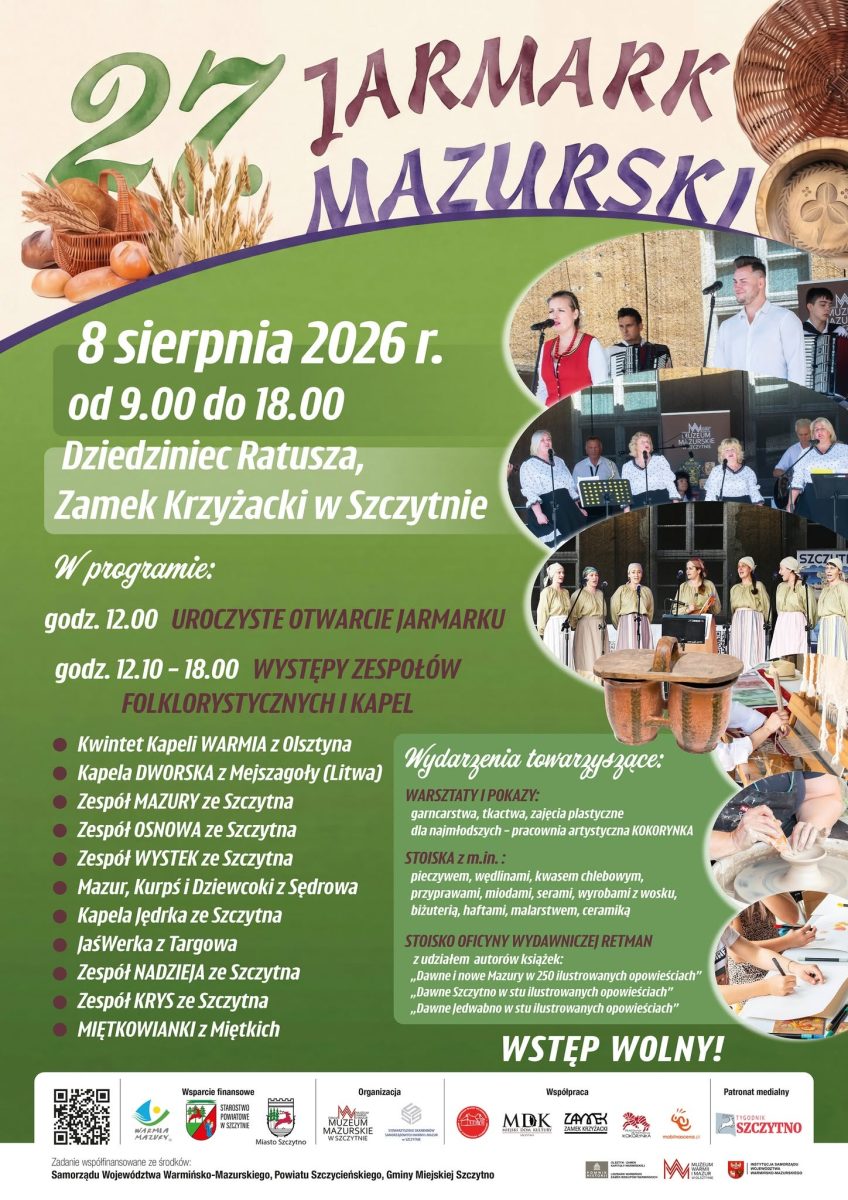 Plakat zapraszający w sobotę 8 sierpnia 2026 r. do Szczytna na Jarmark Mazurski Szczytno 2026.  