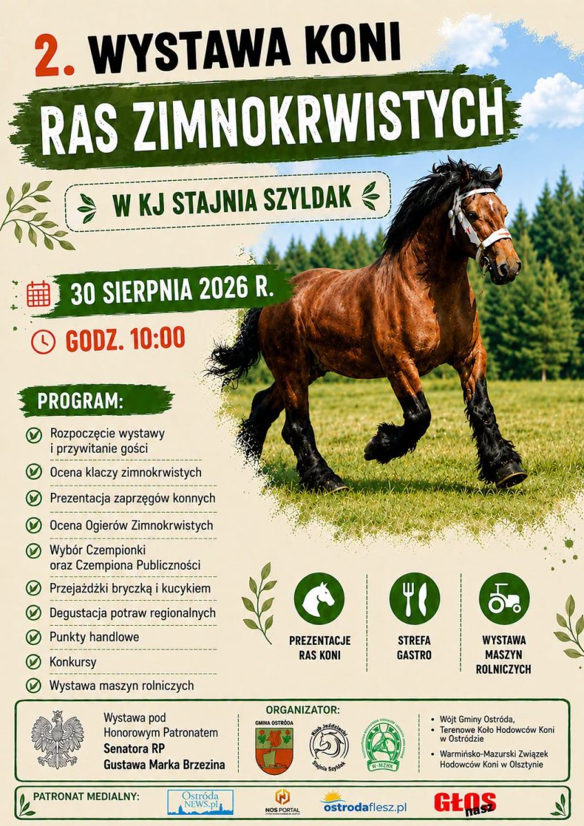 Plakat zapraszający w niedzielę 30 sierpnia 2026 r. do miejscowości Szyldak w gminie Ostróda na Wystawę Koni Ras Zimnokrwistych Szyldak 2026.