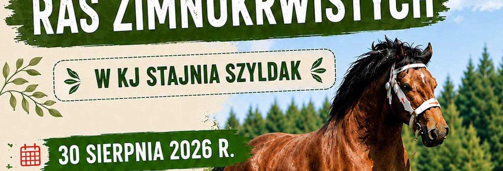 Plakat zapraszający w niedzielę 30 sierpnia 2026 r. do miejscowości Szyldak w gminie Ostróda na Wystawę Koni Ras Zimnokrwistych Szyldak 2026.
