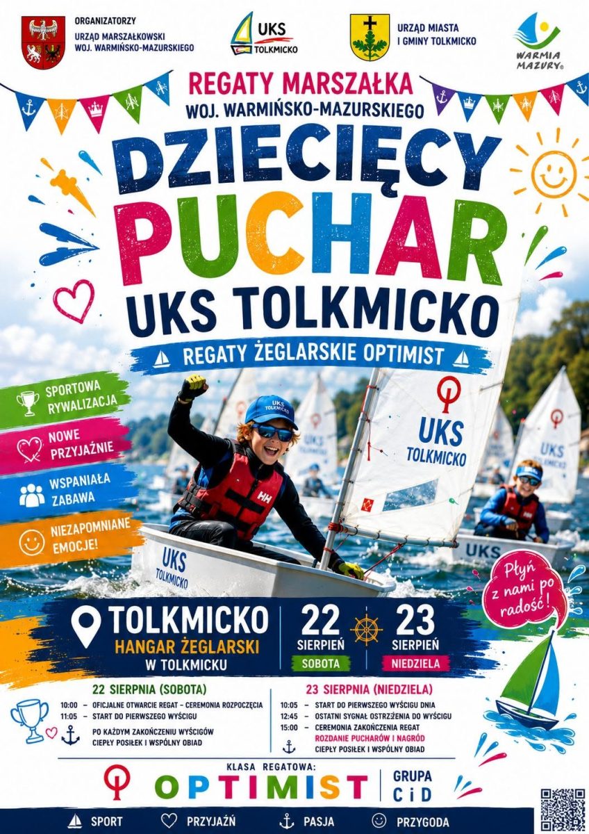 Plakat zapraszający w dniach 22-23 sierpnia 2026 r. do Tolkmicka na Dziecięce Regaty nad Zalewem Wiślanym o Puchar UKS Tolkmicko 2026. 