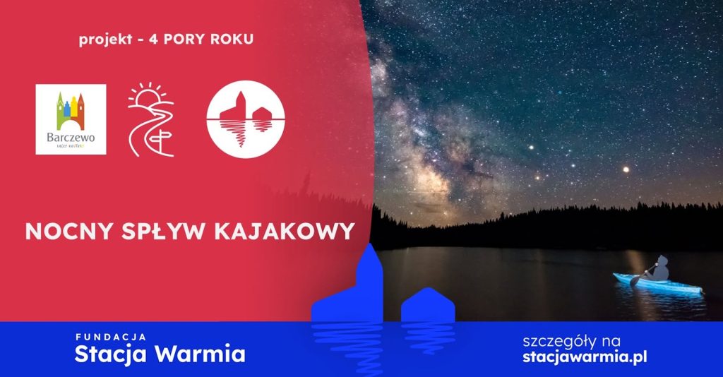 Plakat zapraszający w sobotę 15 sierpnia 2026 r. do miejscowości Zalesie w gminie Barczewo na nocny spływ kajakowy Zalesie 2026. 