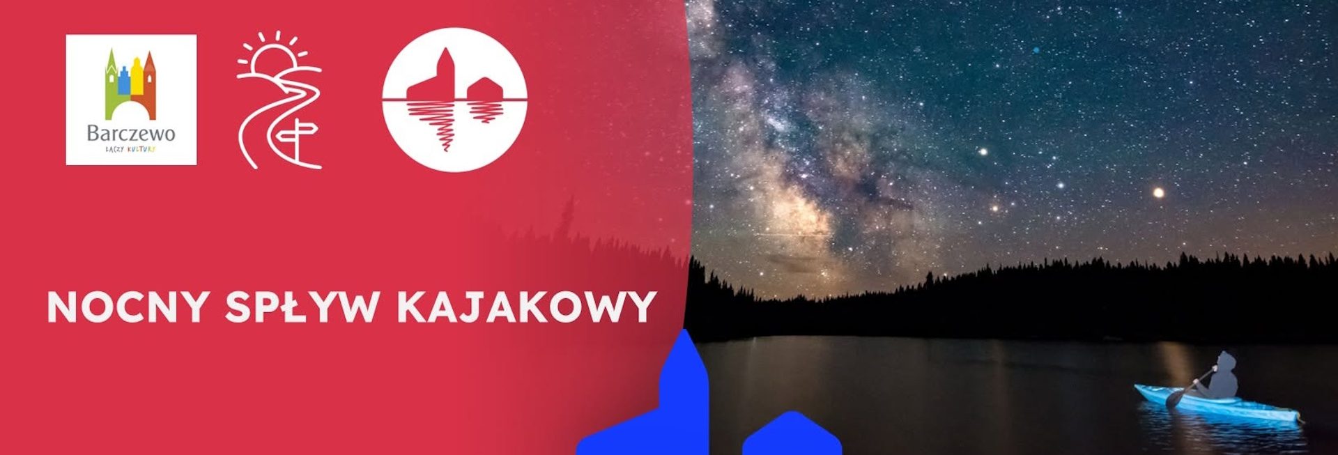 Plakat zapraszający w sobotę 15 sierpnia 2026 r. do miejscowości Zalesie w gminie Barczewo na nocny spływ kajakowy Zalesie 2026. 
