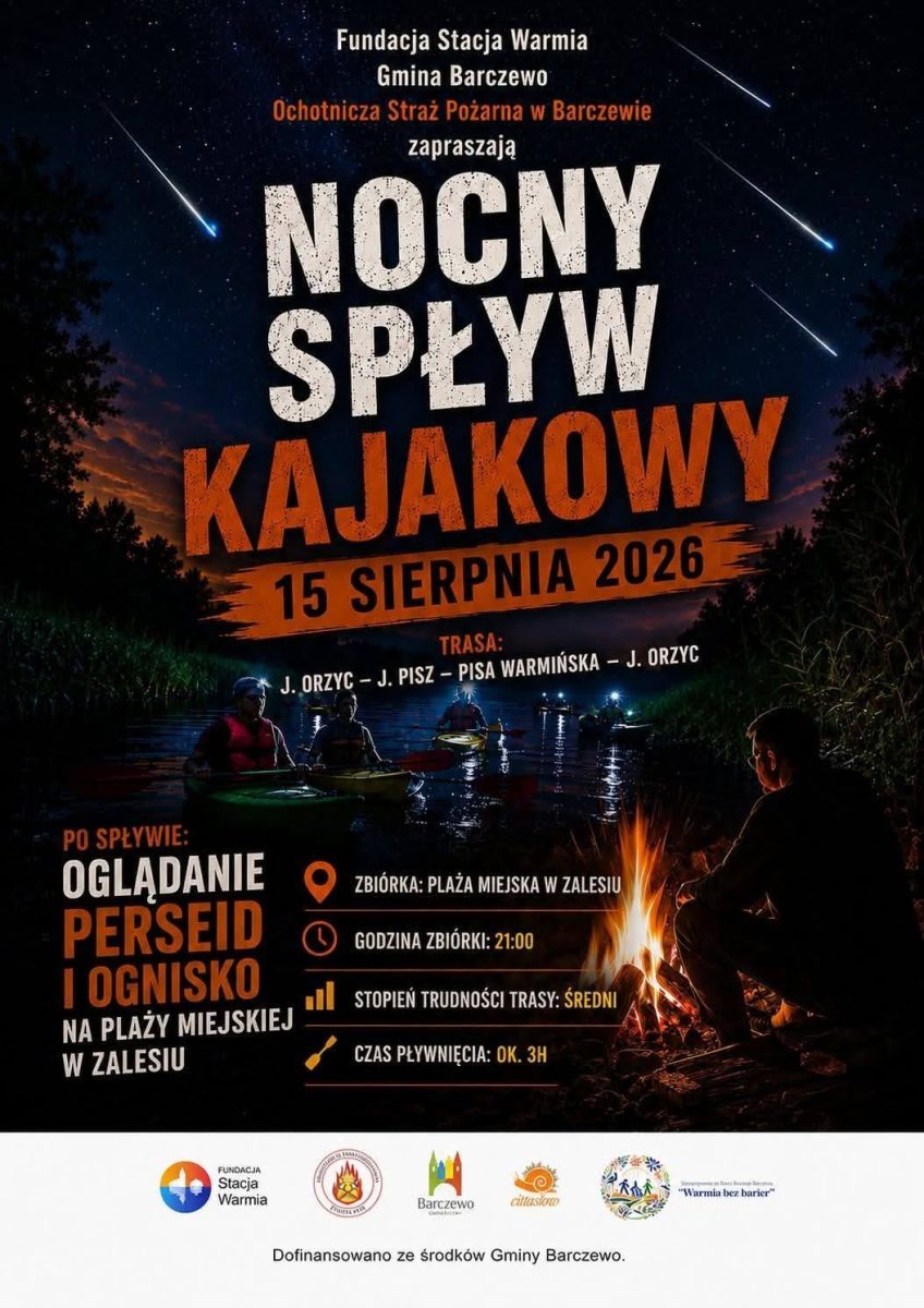 Plakat zapraszający w sobotę 15 sierpnia 2026 r. do miejscowości Zalesie w gminie Barczewo na nocny spływ kajakowy Zalesie 2026. 