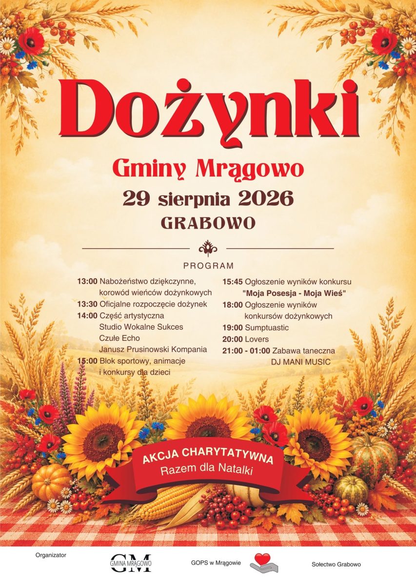 Plakat zapraszający w sobotę 29 sierpnia 2026 r. do miejscowości Grabowo w gminie Mrągowo na Dożynki Gminy Mrągowo Grabowo 2026.