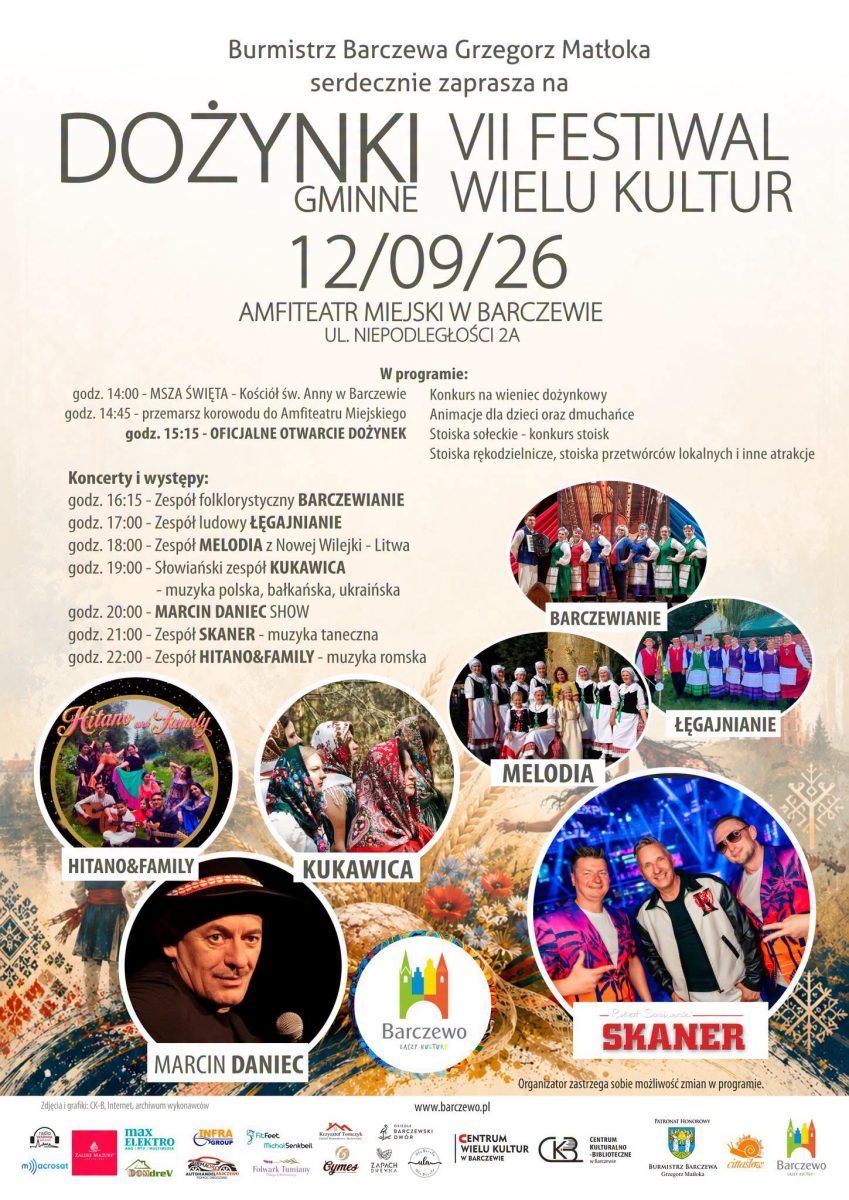 Plakat zapraszający w sobotę 12 września 2026 r. do Barczewa na Dożynki Gminne i Festiwal Wielu Kultur Barczewo 2026. 