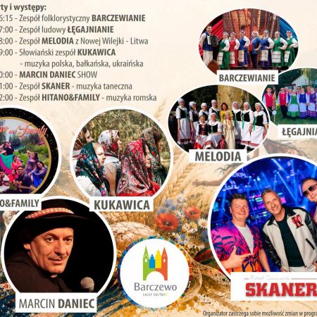 Plakat zapraszający w sobotę 12 września 2026 r. do Barczewa na Dożynki Gminne i Festiwal Wielu Kultur Barczewo 2026. 