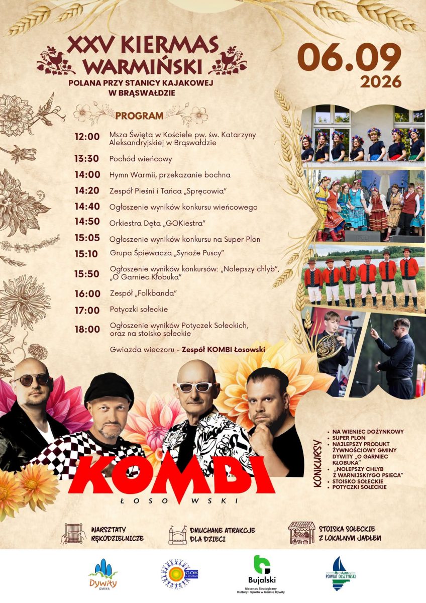 Plakat zapraszający w niedzielę 6 września 2026 r. do miejscowości Brąswałd w gminie Dywity na Kiermas Warmiński Brąswałd 2026.  