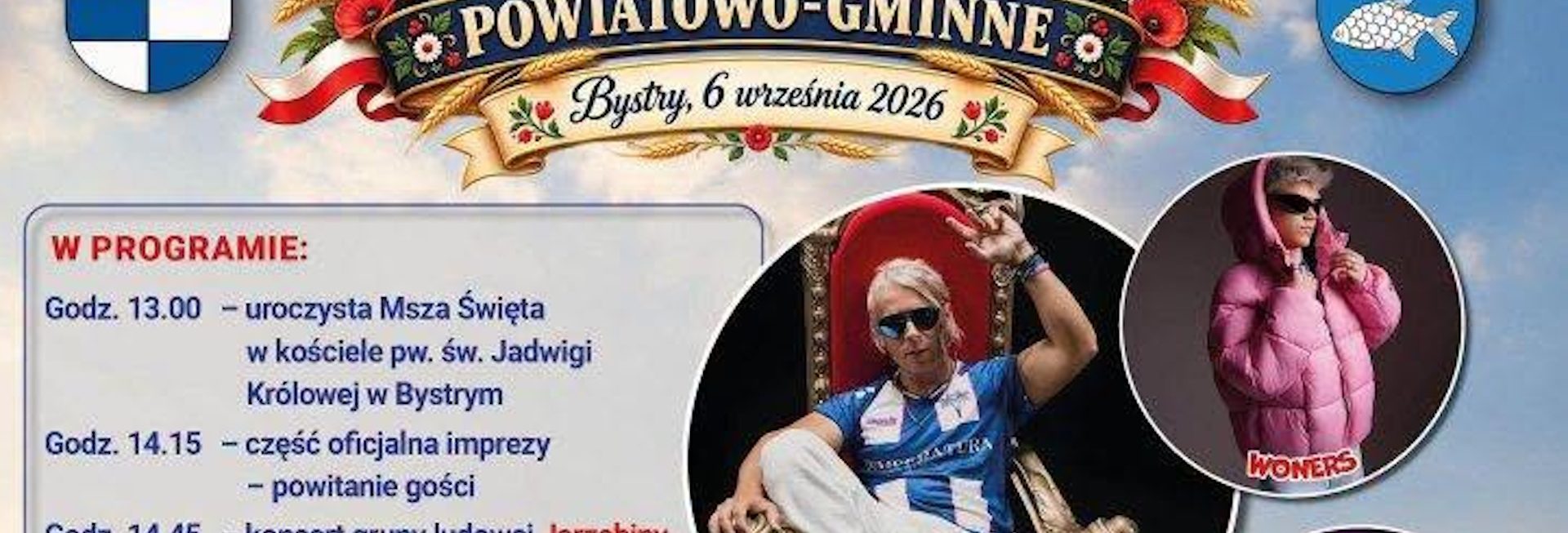 Plakat zapraszający w niedzielę 6 września 2026 r. do miejscowości Bystry w gminie Giżycko na Dożynki Powiatowo-Gminne Giżycka Bystry 2026. 