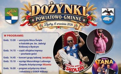 Plakat zapraszający w niedzielę 6 września 2026 r. do miejscowości Bystry w gminie Giżycko na Dożynki Powiatowo-Gminne Giżycka Bystry 2026. 
