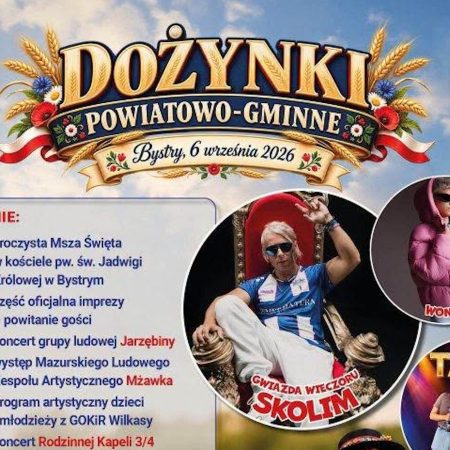 Plakat zapraszający w niedzielę 6 września 2026 r. do miejscowości Bystry w gminie Giżycko na Dożynki Powiatowo-Gminne Giżycka Bystry 2026.