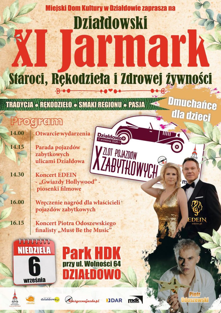 Plakat zapraszający w niedzielę 6 września 2026 r. do Działdowa na Działdowski Jarmark Staroci, Rękodzieła i Zdrowej Żywności Działdowo 2026. 