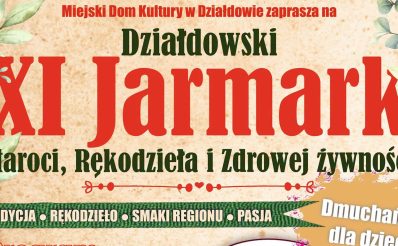 Plakat zapraszający w niedzielę 6 września 2026 r. do Działdowa na Działdowski Jarmark Staroci, Rękodzieła i Zdrowej Żywności Działdowo 2026. 