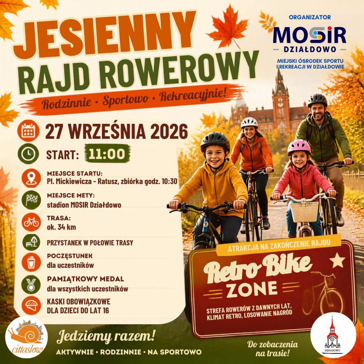 Plakat zapraszający w niedzielę 27 września 2026 r. do Działdowa na Jesienny Rajd Rowerowy Działdowo 2026. 