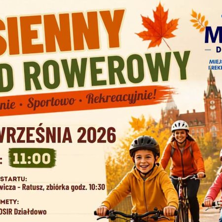 Plakat zapraszający w niedzielę 27 września 2026 r. do Działdowa na Jesienny Rajd Rowerowy Działdowo 2026.