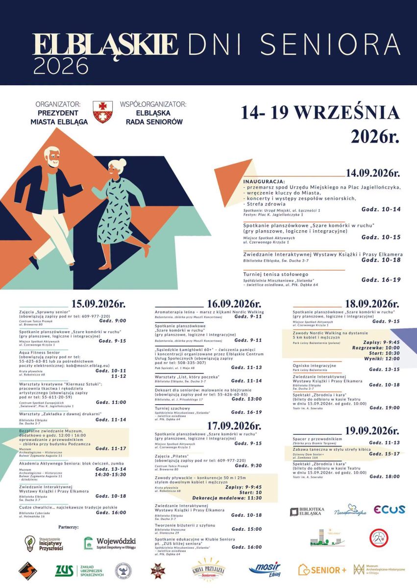 Plakat zapraszający w dniach 14-19 września 2026 r. do Elbląga na Elbląskie Dni Seniora Elbląg 2026. 