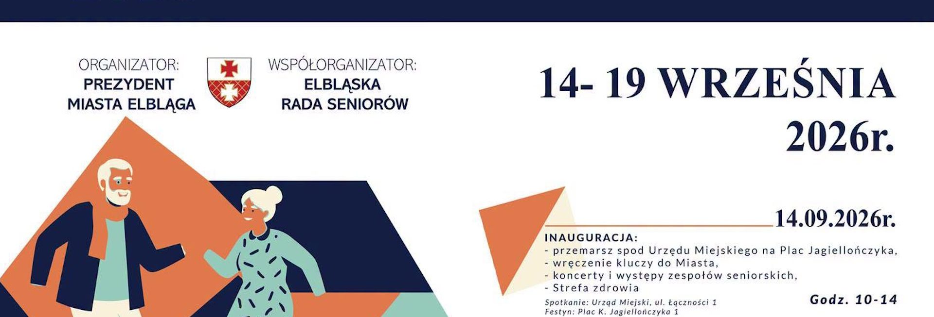 Plakat zapraszający w dniach 14-19 września 2026 r. do Elbląga na Elbląskie Dni Seniora Elbląg 2026. 