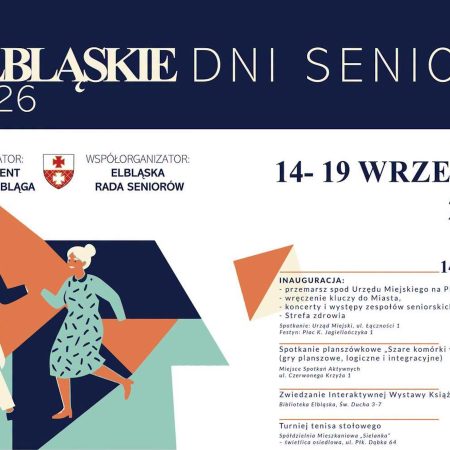 Plakat zapraszający w dniach 14-19 września 2026 r. do Elbląga na Elbląskie Dni Seniora Elbląg 2026.