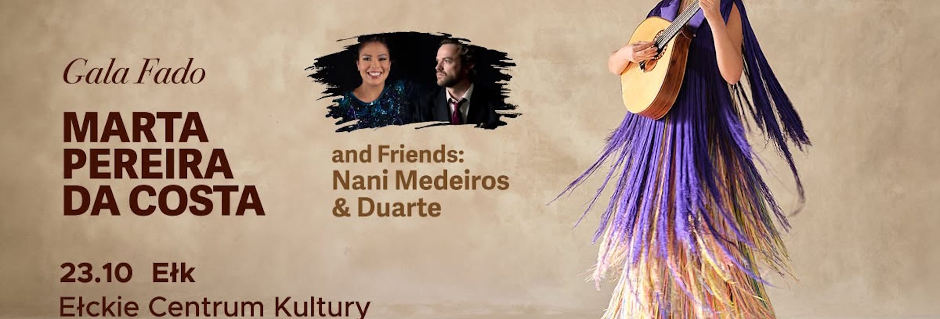 Plakat zapraszający w piątek 23 października 2026 r. do Ełku na koncert Siesta w drodze: Gala Fado. Marta Pereira da Costa and Friends: Nani Medeiros & Duarte Ełk 2026. 