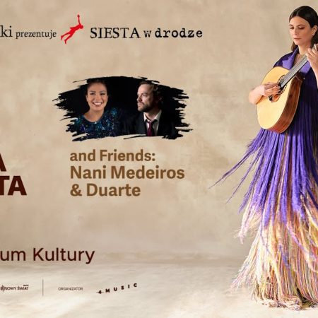 Plakat zapraszający w piątek 23 października 2026 r. do Ełku na koncert Siesta w drodze: Gala Fado. Marta Pereira da Costa and Friends: Nani Medeiros & Duarte Ełk 2026. 