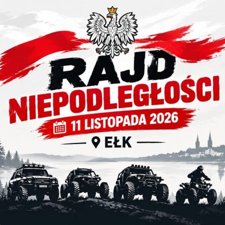 Plakat zapraszający w środę 11 listopada 2026 r. do Ełku na Rajd Niepodległości 4x4 Ełk 2026.