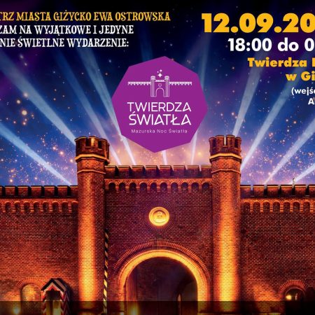 Plakat zapraszający w sobotę 12 września 2026 r. do Giżycka na Twierdzę Świateł w Twierdzy Boyen Giżycko 2026