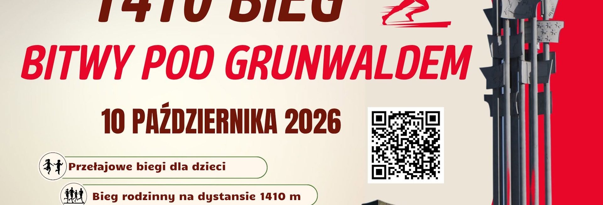 Plakat zapraszający w sobotę 10 października 2026 r. do Grunwaldu na Bieg Grunwaldzki "1410 Bieg Bitwy pod Grunwaldem" Grunwald 2026. 