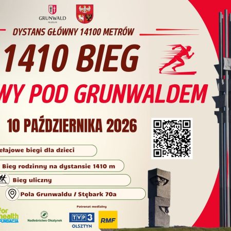 Plakat zapraszający w sobotę 10 października 2026 r. do Grunwaldu na Bieg Grunwaldzki "1410 Bieg Bitwy pod Grunwaldem" Grunwald 2026.