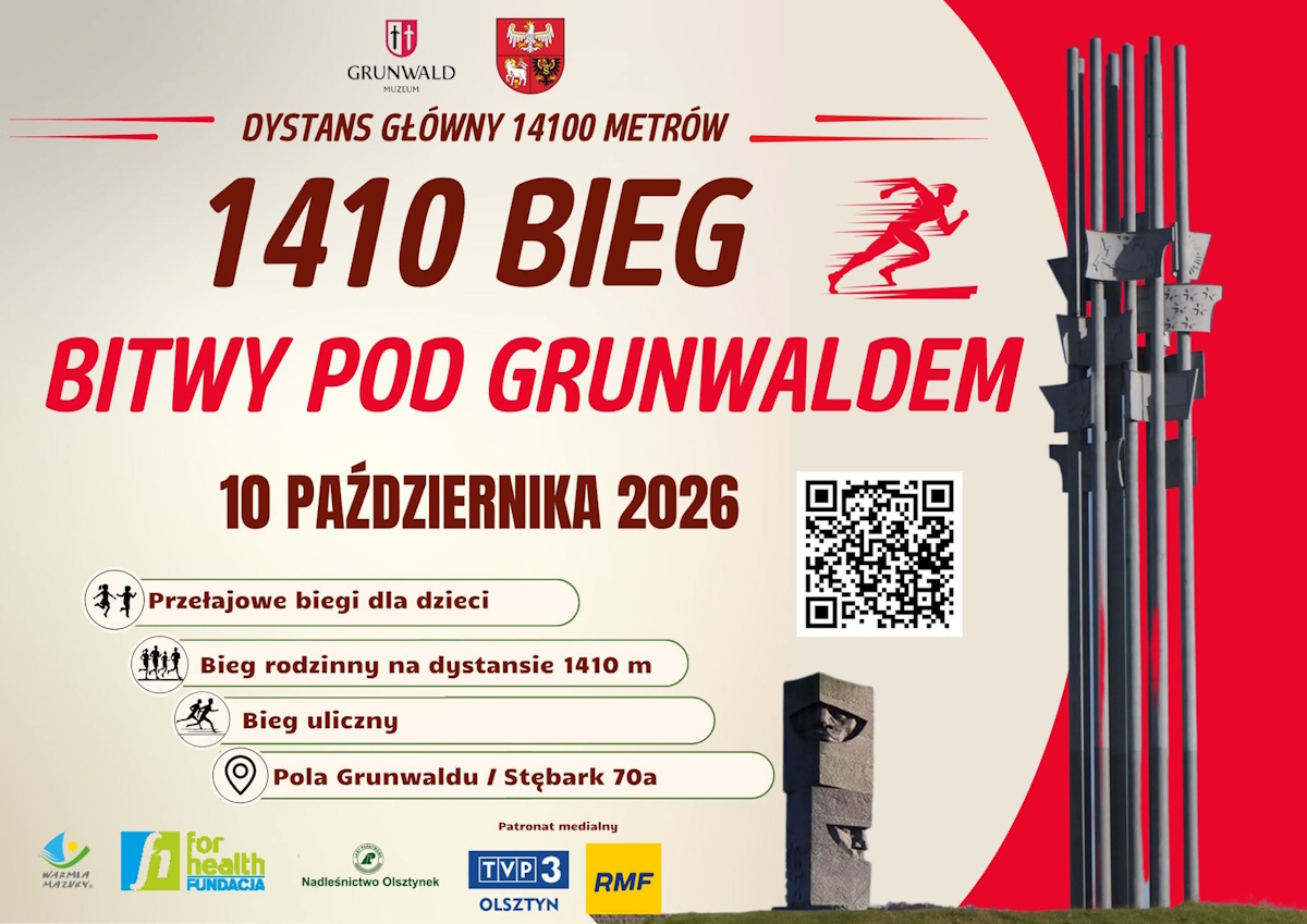 Plakat zapraszający w sobotę 10 października 2026 r. do Grunwaldu na Bieg Grunwaldzki "1410 Bieg Bitwy pod Grunwaldem" Grunwald 2026. 