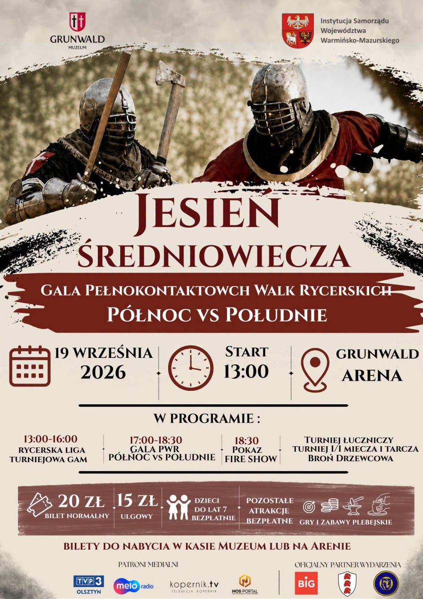 Plakat zapraszający w sobotę 19 września 2026 r. do Grunwaldu na wydarzenie – Jesień Średniowiecza Na Polach Grunwaldu 2026. 