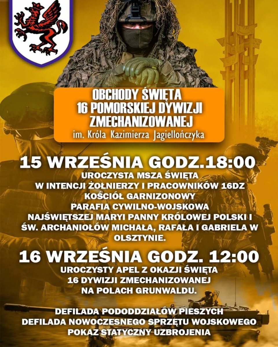 Plakat zapraszający w środę 16 września 2026 r. do Grunwaldu na Obchody Święta 16 Pomorskiej Dywizji Zmechanizowanej na Polach Grunwaldu 2026. 