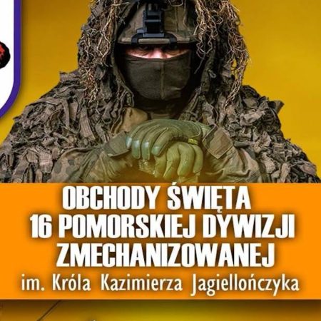 Plakat zapraszający w środę 16 września 2026 r. do Grunwaldu na Obchody Święta 16 Pomorskiej Dywizji Zmechanizowanej na Polach Grunwaldu 2026. 