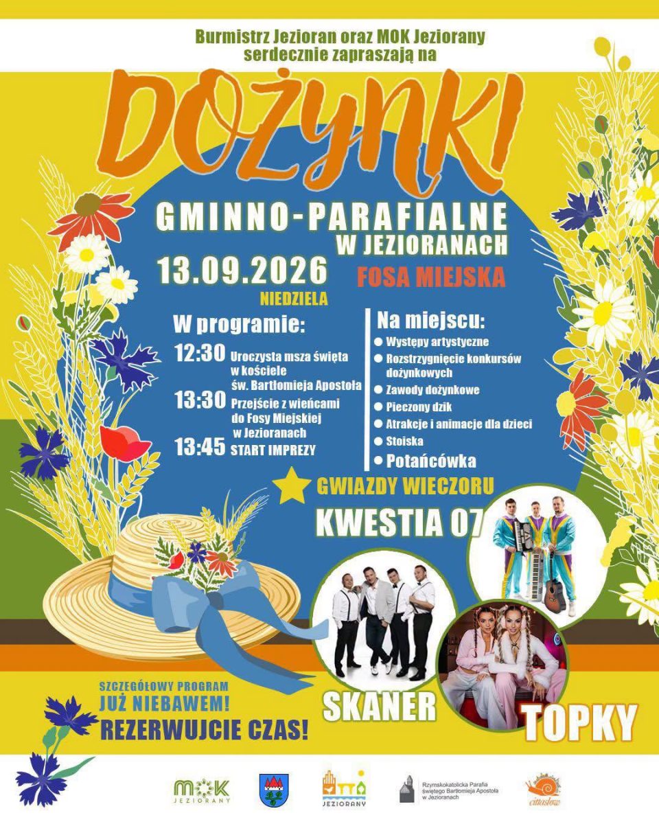 Plakat zapraszający w niedzielę 13 września 2026 r. do Jezioran na Dożynki Gminno-Parafialne Jeziorany 2026. 