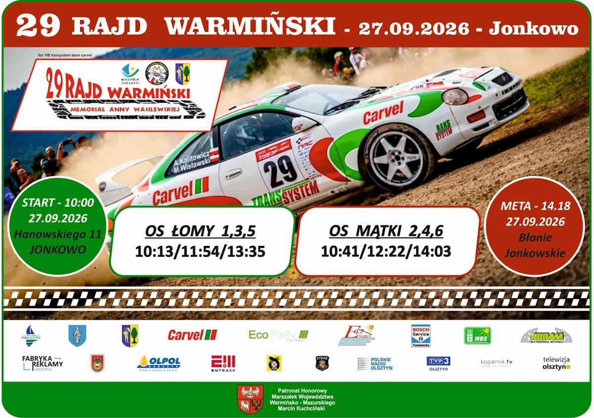 Plakat zapraszający w niedzielę 27 września 2026 r. do Jonkowa na 29. edycję Rajdu Warmińskiego Jonkowo 2026. 