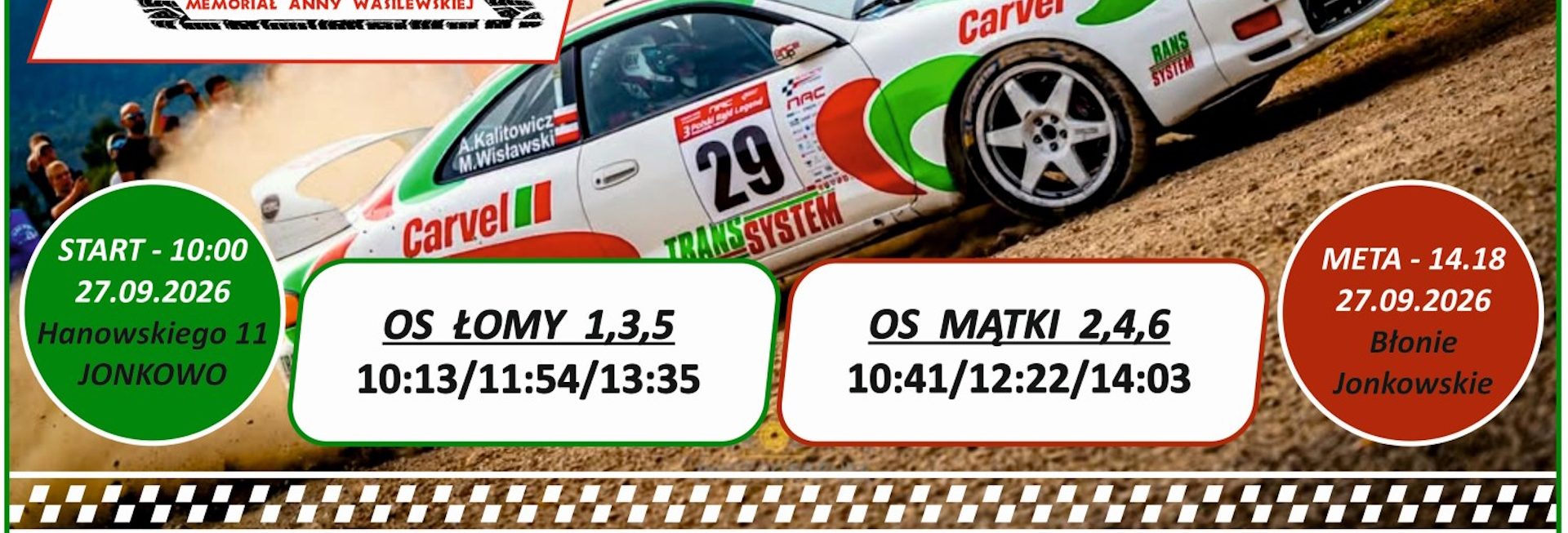 Plakat zapraszający w niedzielę 27 września 2026 r. do Jonkowa na 29. edycję Rajdu Warmińskiego Jonkowo 2026. 