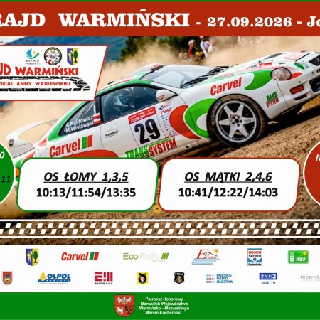 Plakat zapraszający w niedzielę 27 września 2026 r. do Jonkowa na 29. edycję Rajdu Warmińskiego Jonkowo 2026.