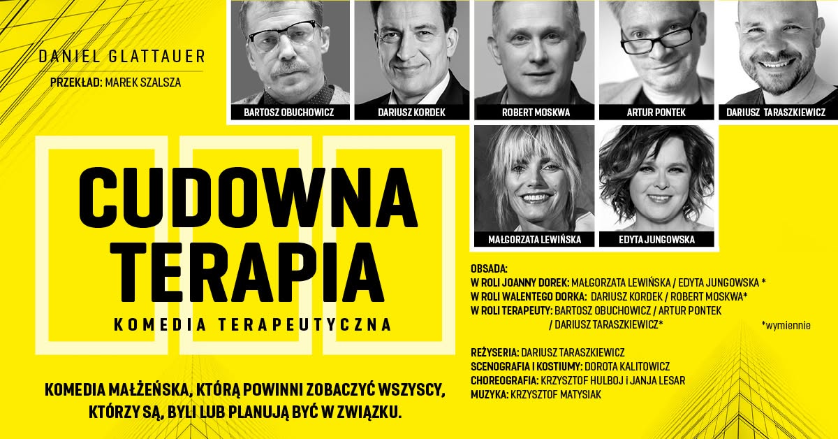 Plakat zapraszający na komedię teatralną "Cudowna Terapia". 