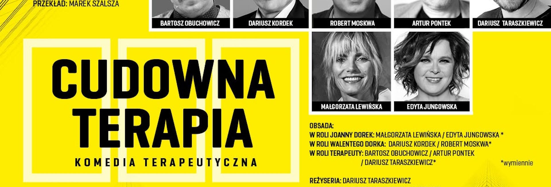 Plakat zapraszający na komedię teatralną "Cudowna Terapia". 