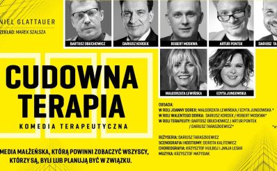 Plakat zapraszający na komedię teatralną "Cudowna Terapia". 