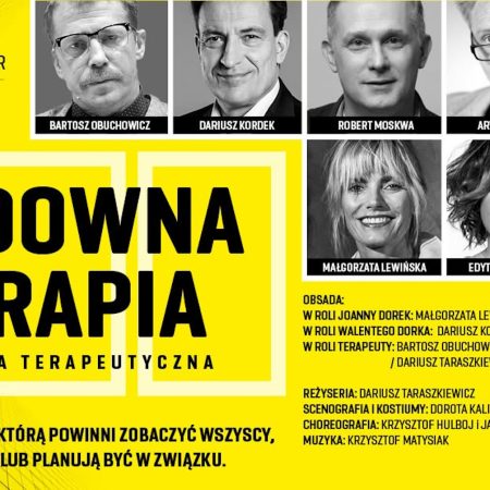 Plakat zapraszający na komedię teatralną "Cudowna Terapia".
