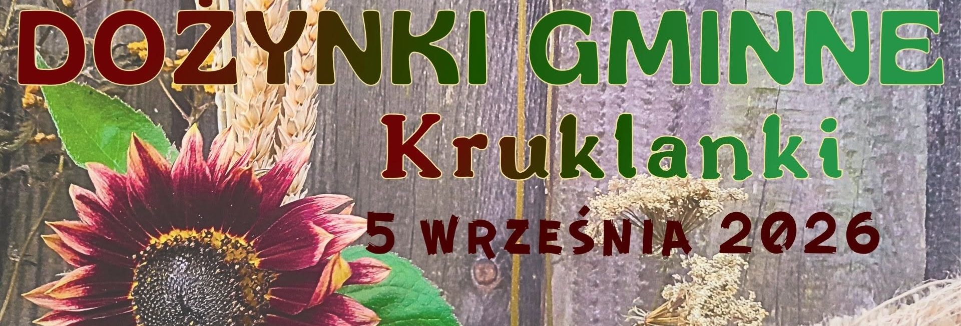 Plakat zapraszający w sobotę 5 września 2026 r. do miejscowości Kruklanki w powiecie giżyckim na Dożynki Gminne Kruklanki 2026.