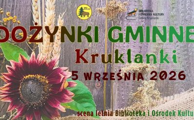 Plakat zapraszający w sobotę 5 września 2026 r. do miejscowości Kruklanki w powiecie giżyckim na Dożynki Gminne Kruklanki 2026.