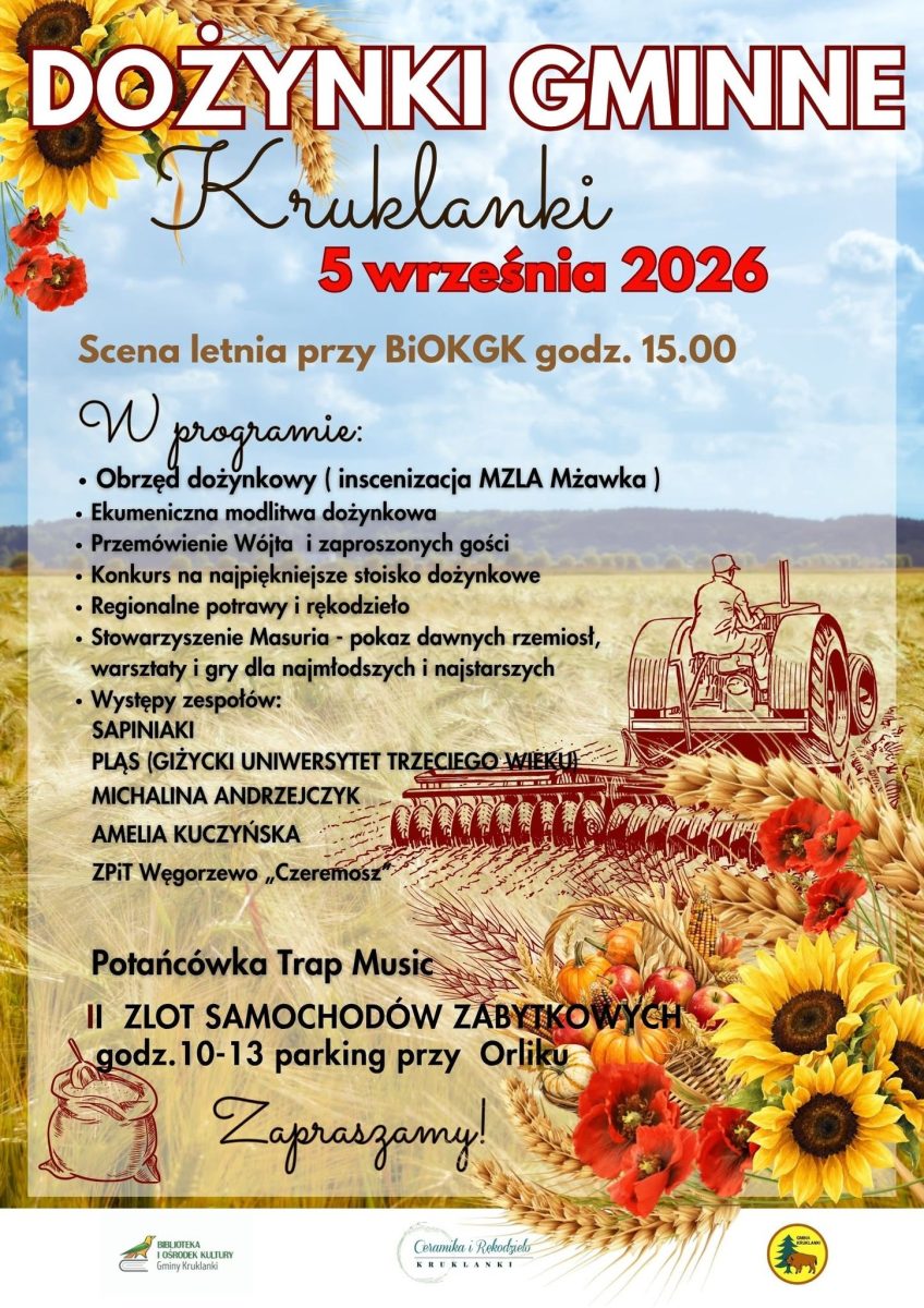 Plakat zapraszający w sobotę 5 września 2026 r. do miejscowości Kruklanki w powiecie giżyckim na Dożynki Gminne Kruklanki 2026.