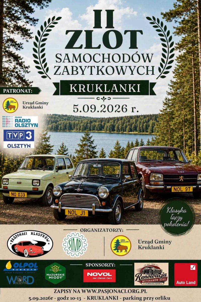 Plakat zapraszający w sobotę 5 września 2026 r. do miejscowości Kruklanki w powiecie giżyckim na Zlot Samochodów Zabytkowych Kruklanki 2026. 