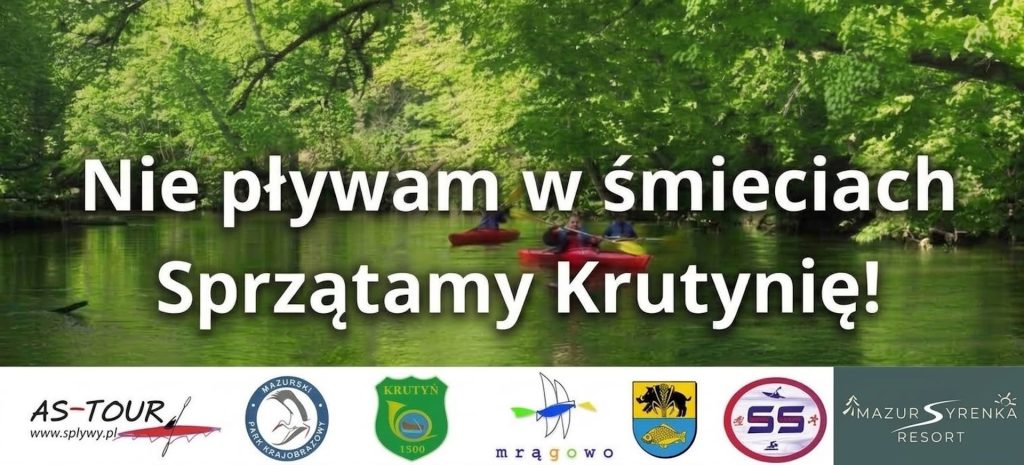 Plakat zapraszający w sobotę 19 września 2026 r. do Krutyni na spływ kajakowy „Nie pływam w śmieciach – Sprzątamy Krutynię!” Krutyń 2026. 