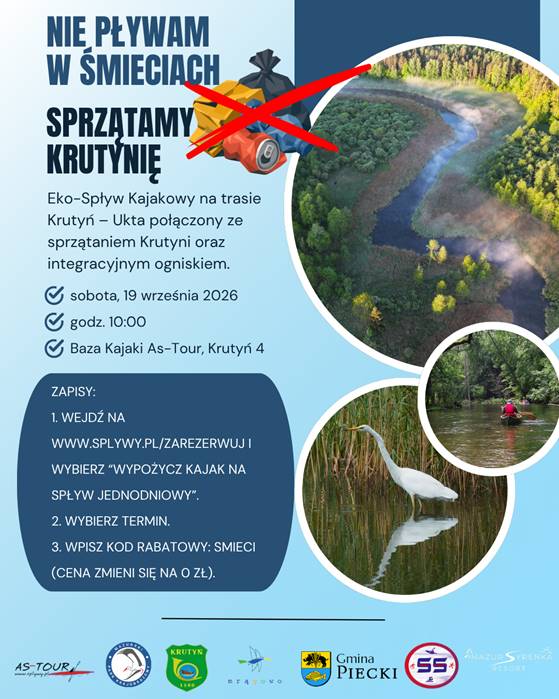 Plakat zapraszający w sobotę 19 września 2026 r. do Krutyni na spływ kajakowy „Nie pływam w śmieciach – Sprzątamy Krutynię!” Krutyń 2026. 