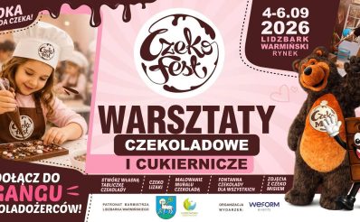 Plakat zapraszający w dniach 4-6 września 2026 r. do Lidzbarka Warmińskiego na Warsztaty Czekoladowe i Cukiernicze CZEKO FEST Lidzbark Warmiński 2026. 