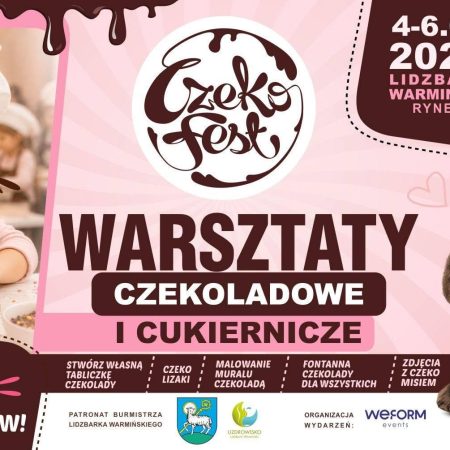 Plakat zapraszający w dniach 4-6 września 2026 r. do Lidzbarka Warmińskiego na Warsztaty Czekoladowe i Cukiernicze CZEKO FEST Lidzbark Warmiński 2026. 