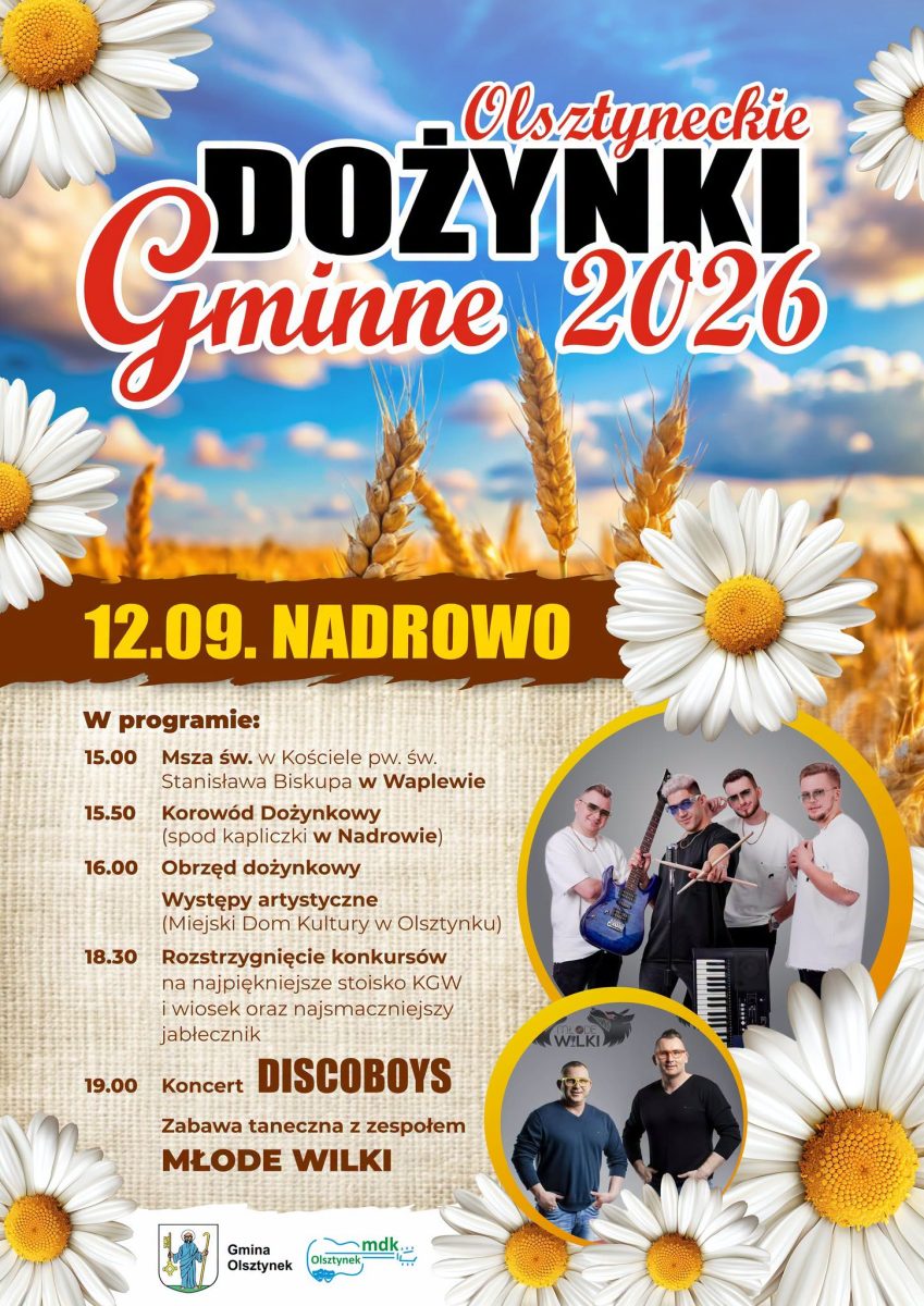 Plakat zapraszający w sobotę 12 września 2026 r. do miejscowości Nadrowo w gminie Olsztynek na Olsztyneckie Dożynki Gminne Nadrowo 2026.  