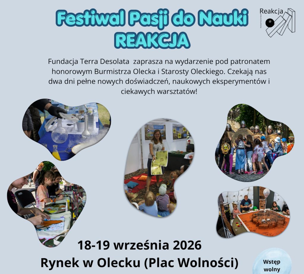 Plakat zapraszający w dniach 18-19 września 2026 r. do Olecka na Festiwal Pasji do Nauki "Reakcja" Olecko 2026.